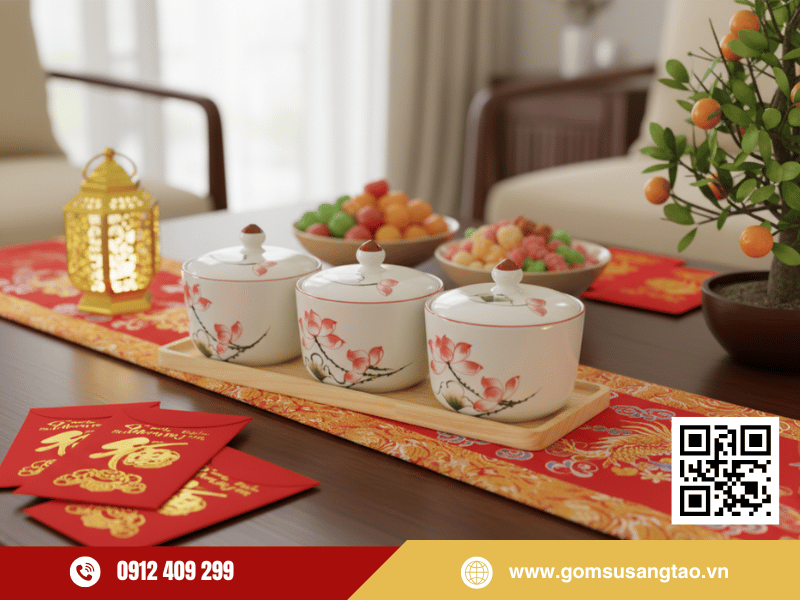Khay 3 hũ mứt sen hồng gốm sứ cao cấp