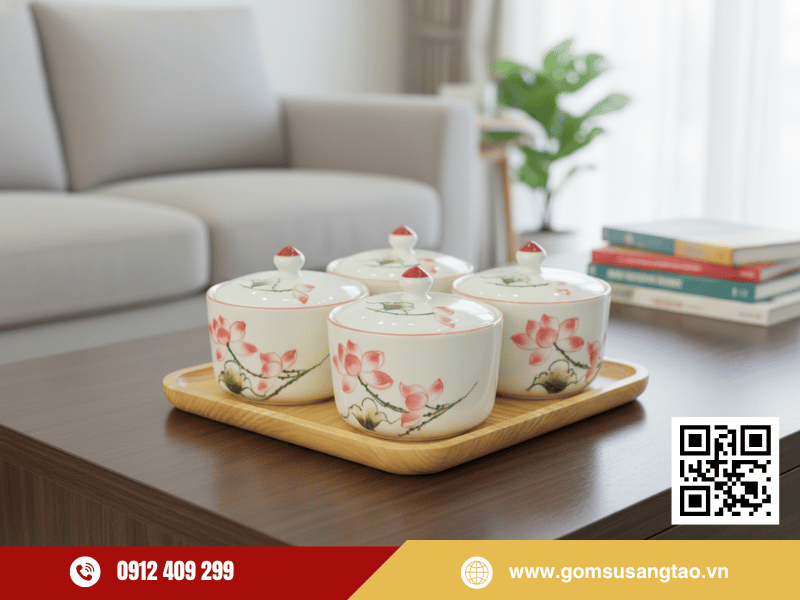 Khay 4 hũ mứt Tết sen hồng gốm sứ cao cấp