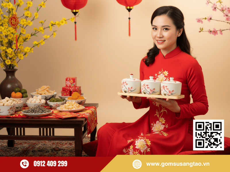 Khay mứt Tết 3 hũ trang trí sen hồng tinh tế