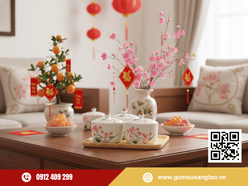 Khay mứt Tết 4 hũ gốm sứ họa tiết sen hồng cao cấp