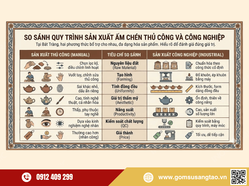 Bảng so sánh hai quy trình sản xuất ấm chén gốm sứ Bảng so sánh hai quy trình sản xuất ấm chén gốm sứ
