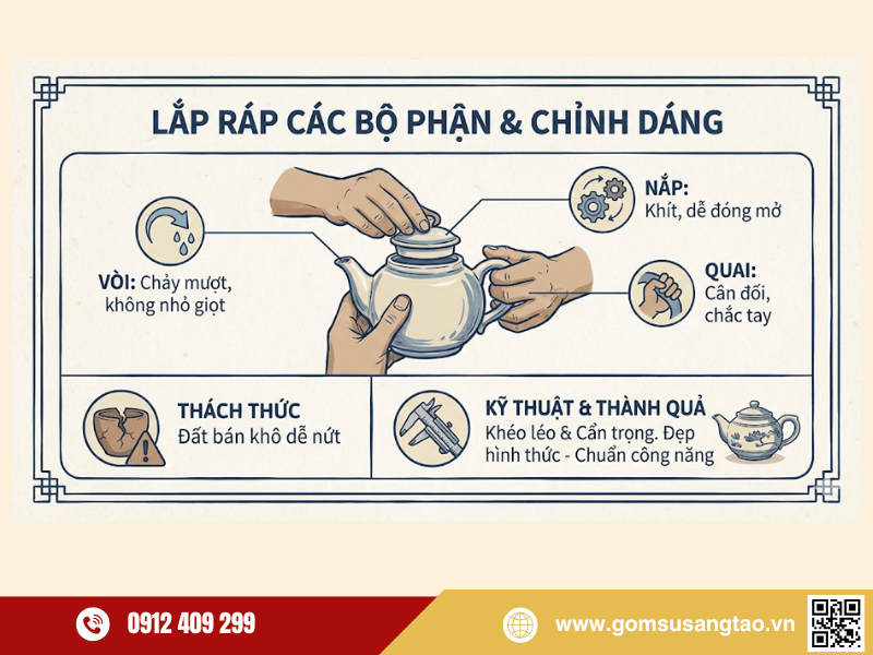 Công đoạn lắp ráp các bộ phận và chỉnh dáng ấm chén gốm sứ Bát Tràng Công đoạn lắp ráp các bộ phận và chỉnh dáng ấm chén gốm sứ Bát Tràng