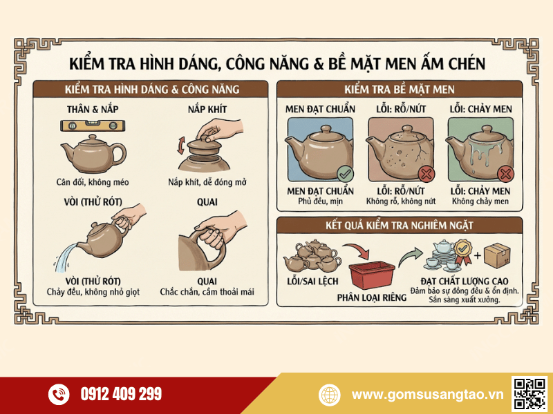Kiểm tra chất lượng ấm chén trước khi xuất xưởng trong quy trình sản xuất ấm chén Kiểm tra chất lượng ấm chén trước khi xuất xưởng trong quy trình sản xuất ấm chén