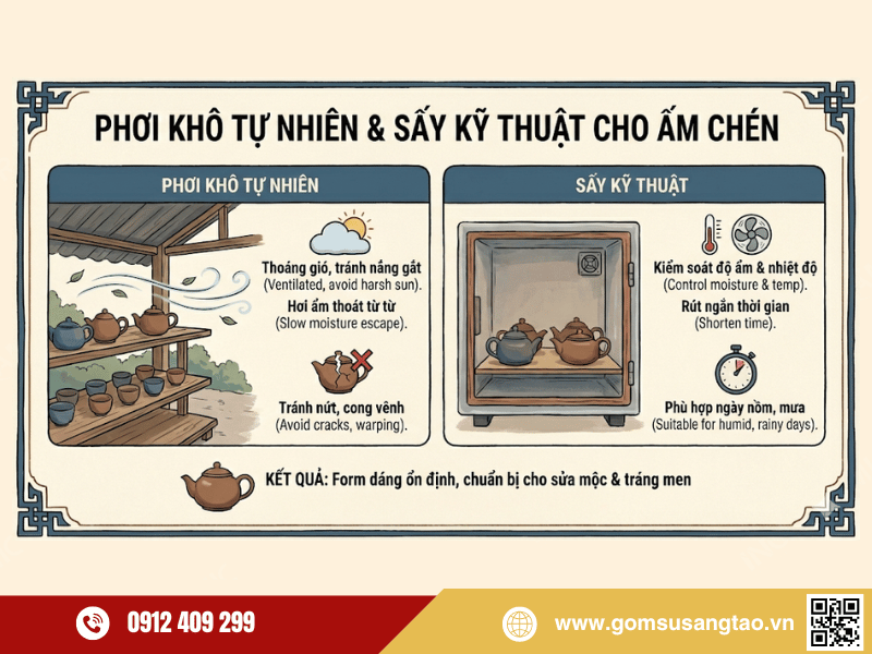 Phơi khô tự nhiên và sấy kỹ thuật cho ấm chén Bát Tràng Phơi khô tự nhiên và sấy kỹ thuật cho ấm chén Bát Tràng