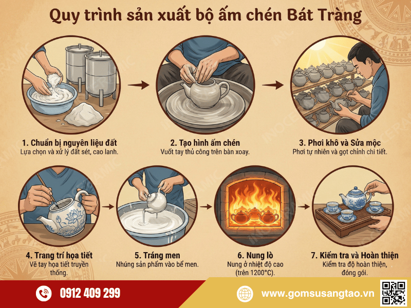 Quy trình sản xuất ấm chén gốm sứ Bát Tràng qua các công đoạn Quy trình sản xuất ấm chén gốm sứ Bát Tràng qua các công đoạn