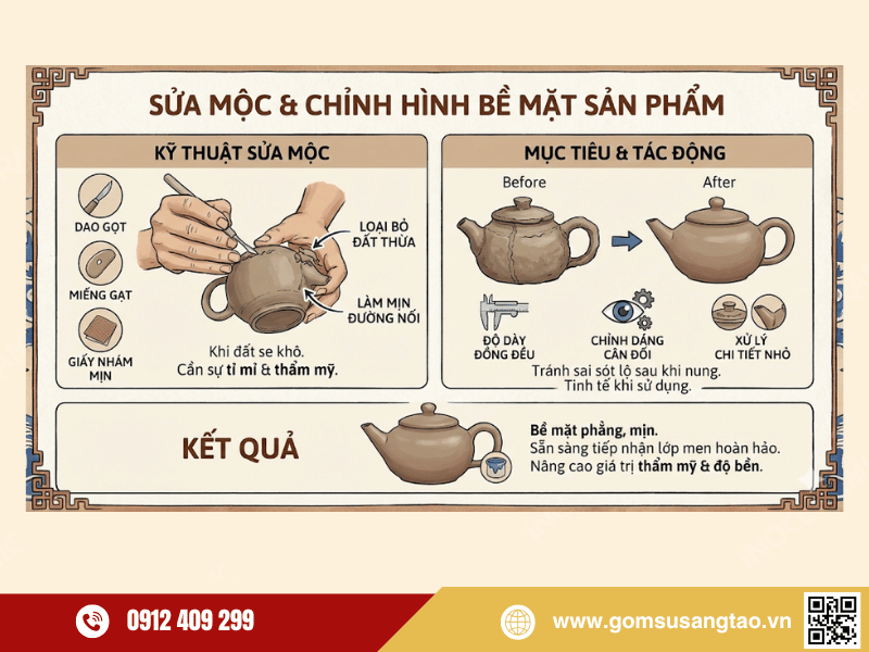 Sửa mộc trong quy trình sản xuất ấm chén gốm sứ Sửa mộc trong quy trình sản xuất ấm chén gốm sứ