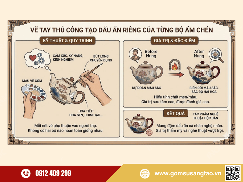 Trang trí họa tiết vẽ tay trên bộ ấm chén gốm sứ Bát Tràng Trang trí họa tiết vẽ tay trên bộ ấm chén gốm sứ Bát Tràng