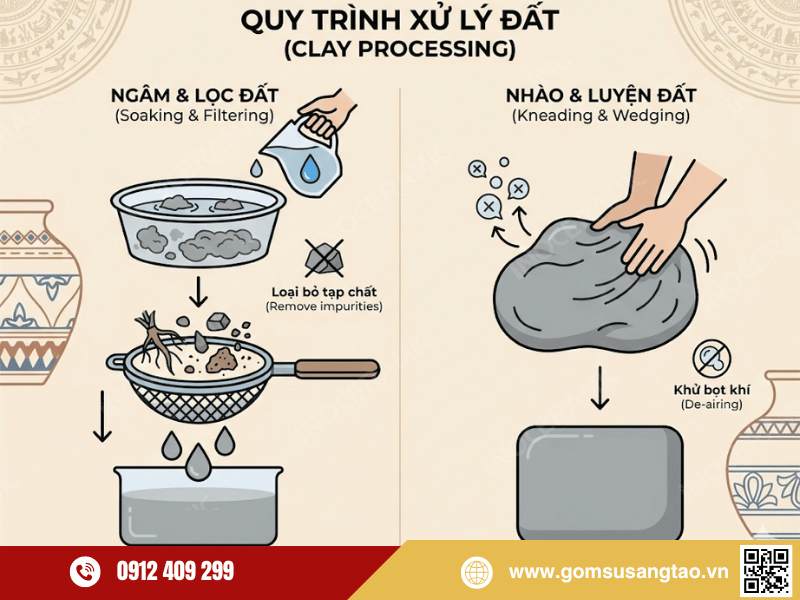 Xử lý đất sét và cao lanh trước khi tạo hình ấm chén Xử lý đất sét và cao lanh trước khi tạo hình ấm chén