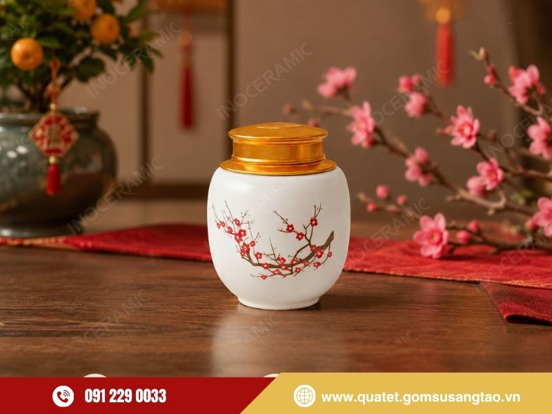 Hũ đựng trà gốm sứ quà Tết truyền thống, thanh lịch và dễ sử dụng