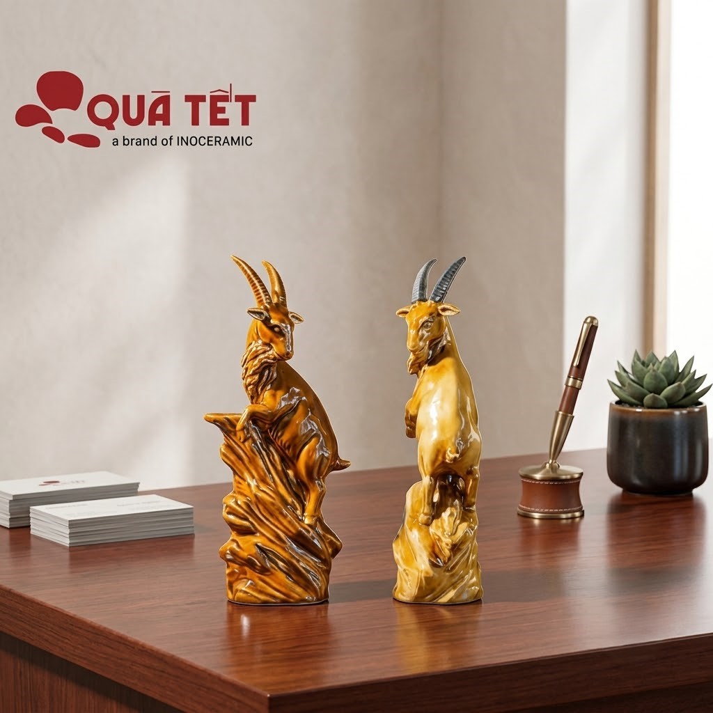 Tượng dê gốm sứ Song Dương Vươn Phúc | Quà tặng đối tác