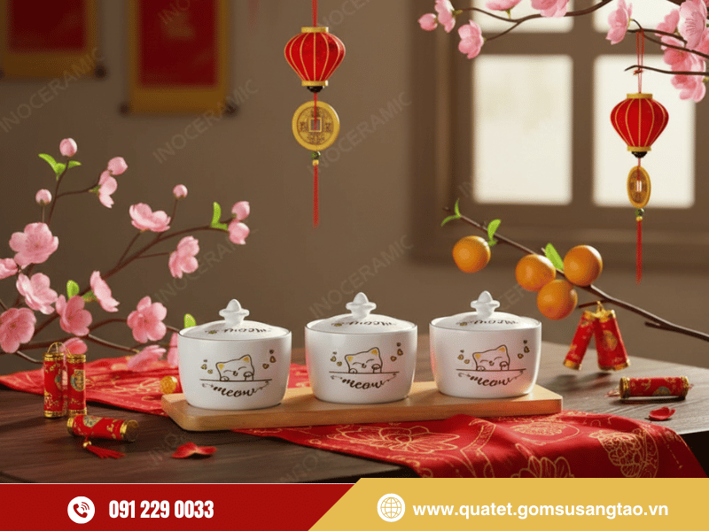 Bộ 03 hũ mứt Tết mèo Meow in logo gốm sứ Bát Tràng Bộ 03 hũ mứt Tết mèo Meow in logo gốm sứ Bát Tràng