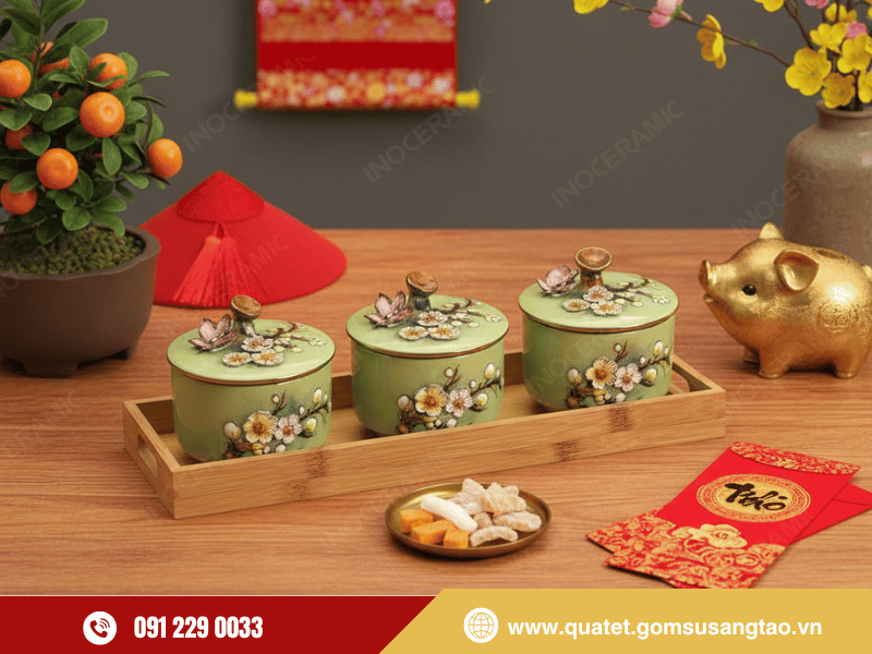 Bộ 03 hũ mứt hoa đào đắp nổi kẻ chỉ vàng gốm sứ Bát Tràng