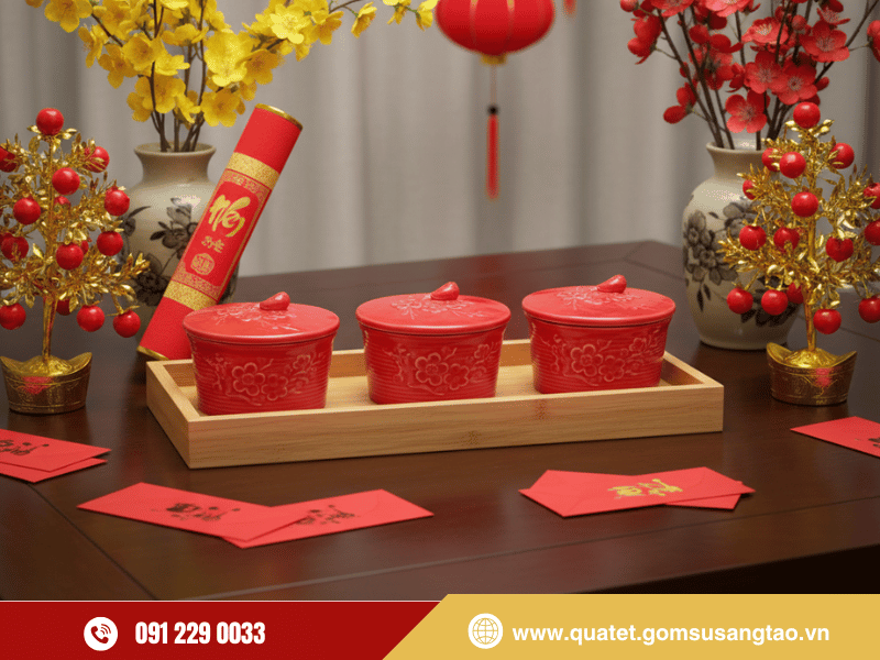 Bộ 03 hũ mứt hoa mai men đỏ gốm sứ Bát Tràng cao cấp