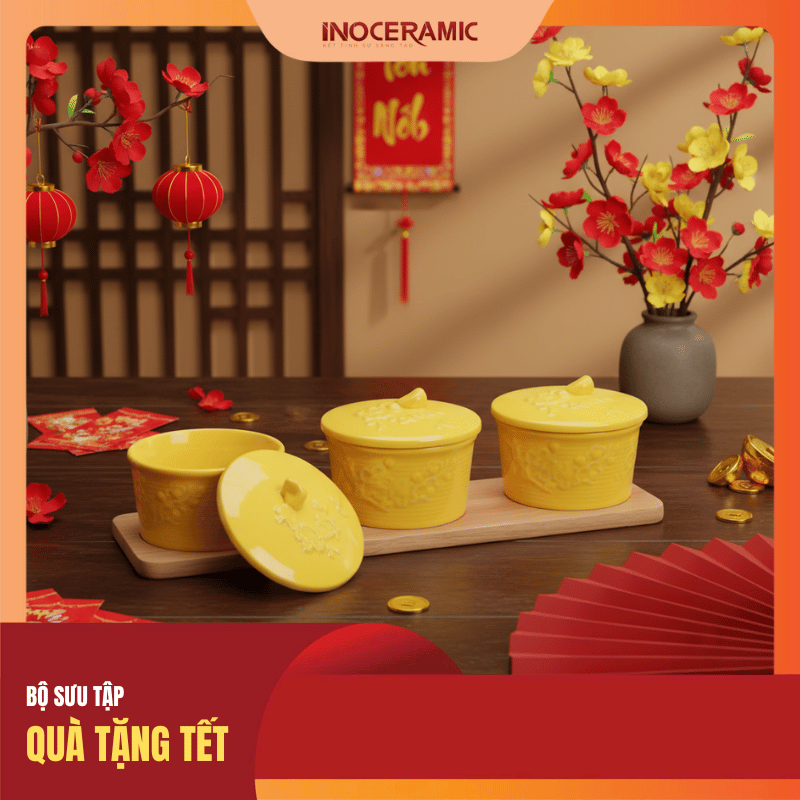 Bộ 03 hũ mứt hoa mai men vàng - Quà Tết in logo Bộ 03 hũ mứt hoa mai men vàng - Quà Tết in logo