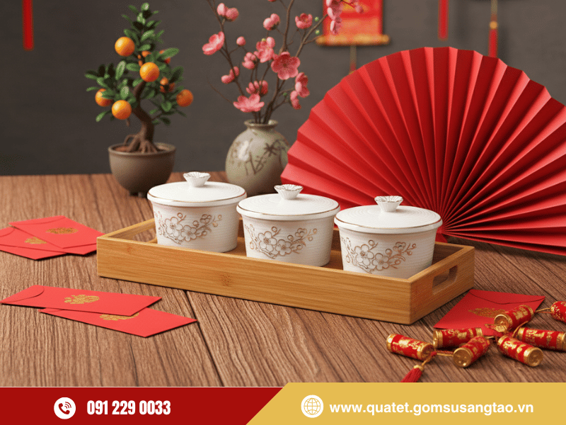 Bộ 03 hũ mứt hoa mai vẽ vàng men trắng gốm sứ Bát Tràng