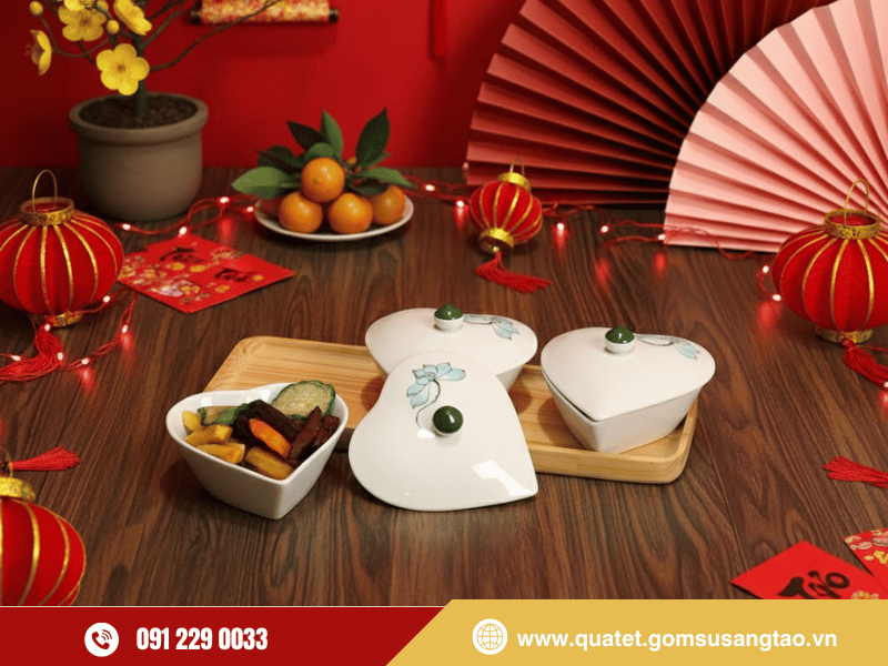 Bộ 03 hũ mứt tim vẽ hoa sen xanh gốm sứ Bát Tràng cao cấp