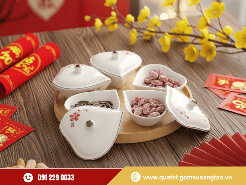 Bộ 05 hũ mứt tim vẽ hoa đào gốm sứ Bát Tràng cao cấp