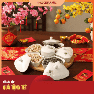 Bộ 06 hũ mứt cánh hoa vẽ đài sen - Quà Tết 2026 in logo
