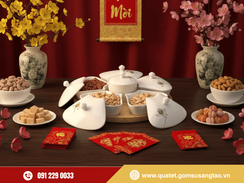 Bộ 06 hũ mứt cánh hoa vẽ đài sen gốm sứ Bát Tràng cao cấp Bộ 06 hũ mứt cánh hoa vẽ đài sen gốm sứ Bát Tràng cao cấp