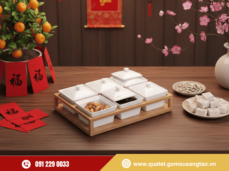 Bộ 06 hũ mứt chữ nhật men trắng gốm sứ Bát Tràng cao cấp