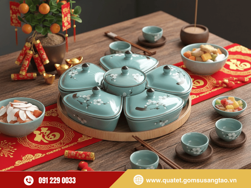 Bộ 06 hũ mứt men lam hoa đào trắng gốm sứ Bát Tràng cao cấp Bộ 06 hũ mứt men lam hoa đào trắng gốm sứ Bát Tràng cao cấp