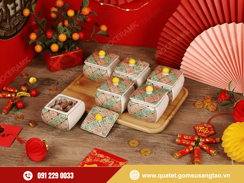 Bộ 06 hũ mứt vuông bầu vẽ trang trí gốm sứ Bát Tràng cao cấp