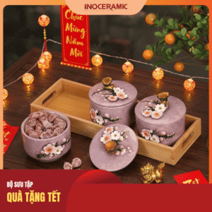 Bộ 3 hũ mứt hoa đào đắp nổi - Quà Tết 2026 in logo