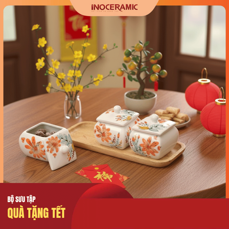 Bộ 3 hũ mứt vuông bầu vẽ tay - Quà Tết 2026 in logo Bộ 3 hũ mứt vuông bầu vẽ tay - Quà Tết 2026 in logo