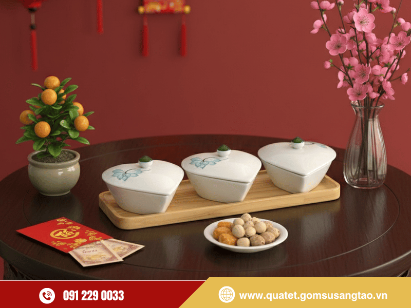 Bộ hũ mứt Tết Bát Tràng hoa sen xanh sang trọng
