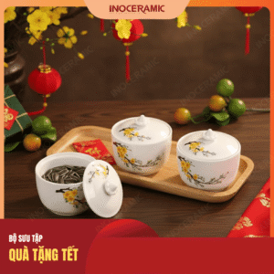 Bộ hũ mứt hoa mai men trắng - Quà Tết 2026 in logo