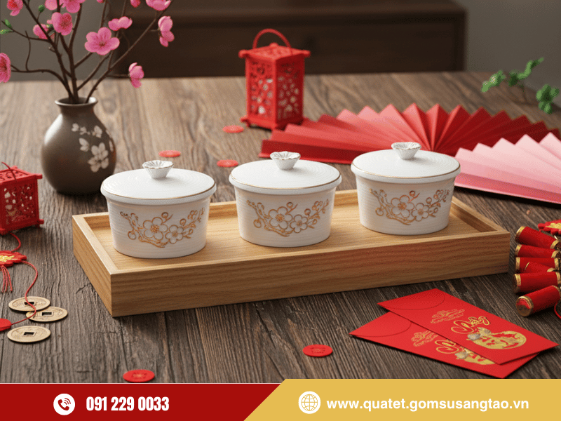 Bộ hũ mứt hoa mai vẽ vàng – Quà Tết tinh tế, sang trọng