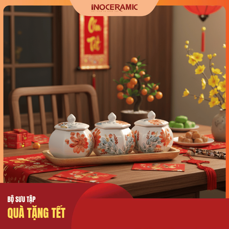Bộ hũ mứt lục giác vẽ tay gốm sứ Bát Tràng cao cấp Bộ hũ mứt lục giác vẽ tay gốm sứ Bát Tràng cao cấp