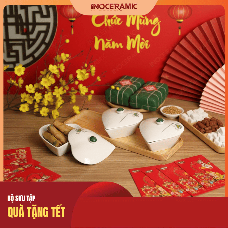 Bộ hũ mứt tim vẽ đài sen - Quà Tết 2026 in logo Bộ hũ mứt tim vẽ đài sen - Quà Tết 2026 in logo