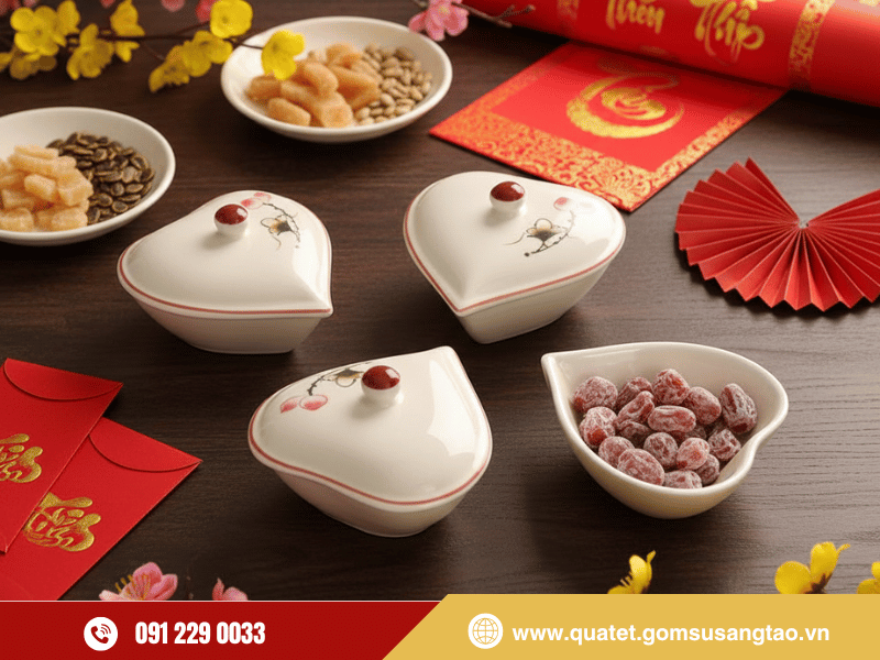Bộ hũ mứt tim vẽ sen hồng gốm sứ Bát Tràng cao cấp