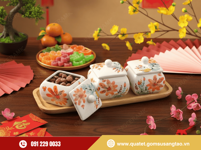 Bộ hũ mứt vuông bầu vẽ tay gốm sứ Bát Tràng cao cấp Bộ hũ mứt vuông bầu vẽ tay gốm sứ Bát Tràng cao cấp