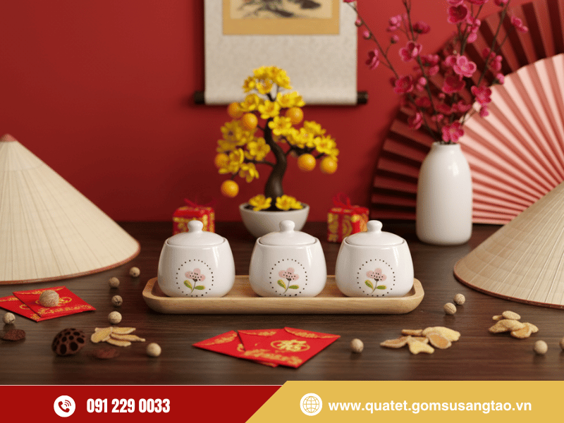 Bộ hũ mứt vuông vẽ tay phong thủy may mắn