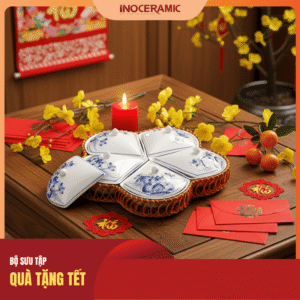 Bộ khay mứt Tết hoa khế vẽ sen xanh - Quà Tết 2026 in logo
