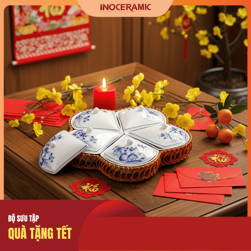 Bộ khay mứt Tết hoa khế vẽ sen xanh - Quà Tết 2026 in logo Bộ khay mứt Tết hoa khế vẽ sen xanh - Quà Tết 2026 in logo