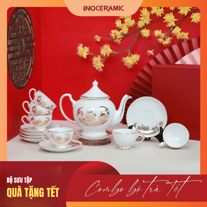 Bộ trà Hoàng cung Khổng tước kẻ chỉ vàng - Giftset INO017