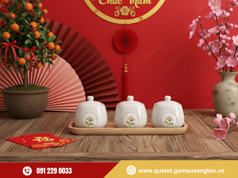 Hũ mứt Tết dáng vuông vẽ tay tinh xảo