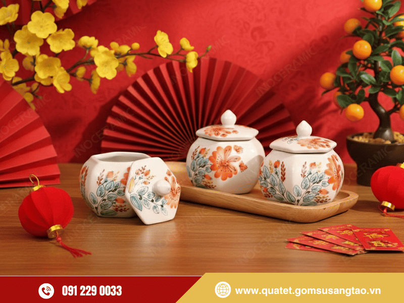 Hũ mứt Tết phong thủy hoa văn vẽ tay Bát Tràng sang trọng Hũ mứt Tết phong thủy hoa văn vẽ tay Bát Tràng sang trọng