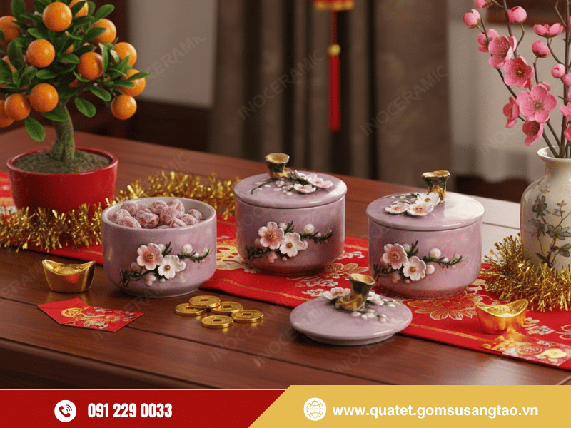 Hũ mứt hoa đào đắp nổi thủ công Bát Tràng sang trọng Hũ mứt hoa đào đắp nổi thủ công Bát Tràng sang trọng
