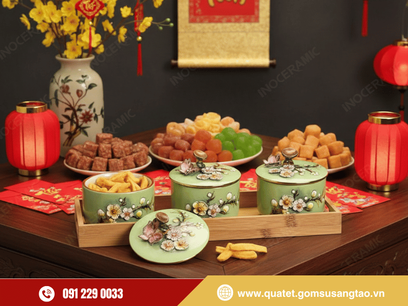 Hũ mứt hoa đào đắp nổi viền chỉ vàng sang trọng ngày Tết