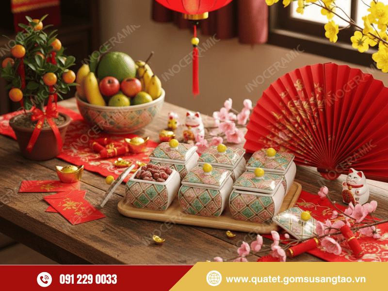 Hũ mứt vuông bầu men sứ Bát Tràng hoa văn vẽ tay tinh xảo