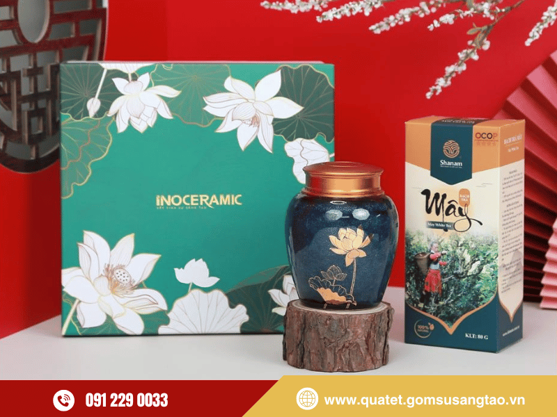 Hũ trà sứ in logo doanh nghiệp, quà Tết nhân viên tinh tế