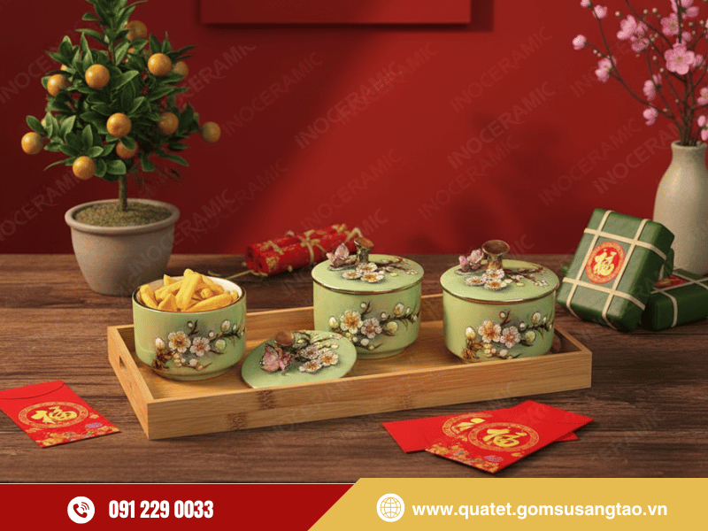 Khay gỗ bộ 03 hũ mứt hoa đào đắp nổi kẻ chỉ vàng Bát Tràng