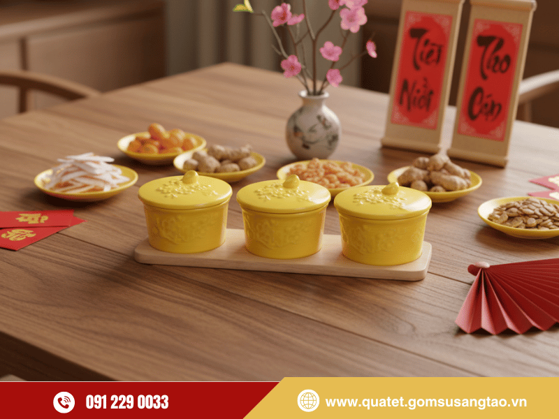 Quà Tết cao cấp – Bộ hũ mứt hoa mai men vàng Bát Tràng Quà Tết cao cấp – Bộ hũ mứt hoa mai men vàng Bát Tràng