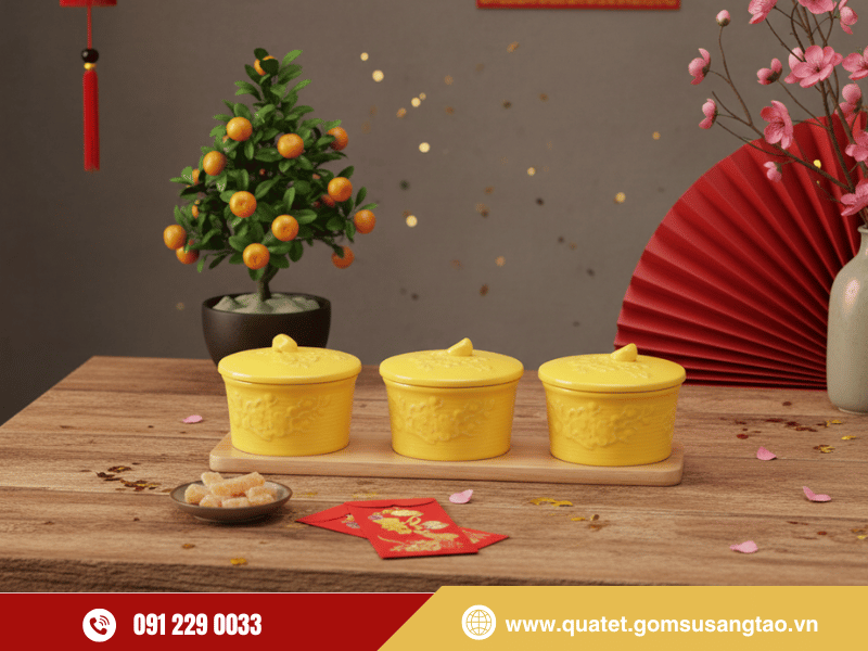 Set 3 hũ mứt Tết hoa mai men vàng sang trọng kèm khay gỗ Set 3 hũ mứt Tết hoa mai men vàng sang trọng kèm khay gỗ