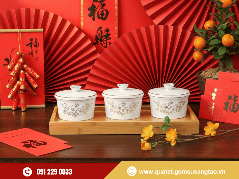 Set hũ mứt Tết hoa mai vàng sang trọng – Quà biếu Tết ý nghĩa