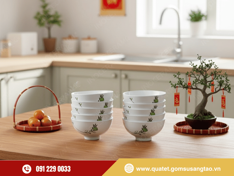 Bộ 10 chén cơm hoa mai xanh làm quà Tết 200k gốm sứ đẹp và ý nghĩa cho dịp Tết 2026